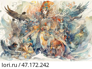 An exquisite watercolor illustration, filled with fantasy details and subtle shades. In the center of the composition is a majestic woman, reminiscent of a fairy-tale queen or priestess, adorned with an intricate headdress with precious stones, feathers and flowers. Her outfit is a mixture of ornaments, fabrics and magical elements, as if woven from thin air. Around her are many different species of birds, creating dynamics and a sense of unity with nature. The background is blurred, smooth, as if woven from clouds, flowers and magical whirlwinds. The picture resembles the world of myths and fairy tales, conveying an atmosphere of magic, beauty and grandeur. Стоковое AI-изображение, AI-художник Анна Кривицкая / Фотобанк Лори