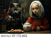 A mystical and surreal scene, executed in dark, rich colors with elements of realism and fantasy. In the center is a strange couple: a girl with pale skin, dressed in red clothes and a light headdress, and an anthropomorphic gray cat with piercing yellow eyes, dressed in heavy metal armor. They are sitting at a table with tea served, a porcelain teapot and a plate with pies. A vase with dried red flowers adds symbolism and melancholy to the scene. The background is dark, with blurred figures of people, which creates a sense of a historical or post-apocalyptic context. The whole composition resembles a mixture of medieval painting and science fiction. Стоковое AI-изображение, AI-художник Анна Кривицкая / Фотобанк Лори