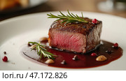 Gourmet plated dish featuring expertly cooked steak with sauce and garnishes in a high-end restaurant setting. Стоковое AI-изображение, AI-художник Katsiaryna Repich / Фотобанк Лори