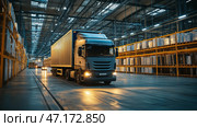 Cargo truck being loaded with freight at a busy distribution center during evening operations. Стоковое AI-изображение, AI-художник Katsiaryna Repich / Фотобанк Лори