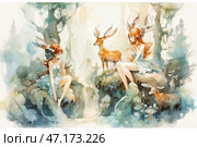 Two girls with deer antlers and long red hair, dressed in light blue dresses. They sit on natural ledges, surrounded by a mystical forest with trees, mushrooms and misty outlines. Next to them are fantastic deer, one of which stands between them, and the others are hidden among the vegetation. The color palette consists of soft pastel shades, with dominant blue, green and golden tones, creating a magical, almost fairy-tale atmosphere. Стоковое AI-изображение, AI-художник Анна Кривицкая / Фотобанк Лори
