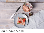 Чаша вкусного паштета, бутерброды и перец горошком на светлом деревянном фоне. Стоковое фото, фотограф Pixel_shot / Фотобанк Лори