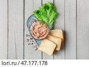 Чаша вкусного паштета, хлеба и салата на светлом деревянном фоне. Стоковое фото, фотограф Pixel_shot / Фотобанк Лори