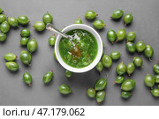Чашка с вкусным вареньем из крыжовника и свежими ягодами на сером фоне. Стоковое фото, фотограф Pixel_shot / Фотобанк Лори