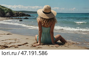 A woman on vacation, sitting in a swimsuit and a wide-brimmed straw hat on the beach on a sunny day and looking at the sea. Стоковое AI-изображение, AI-художник Photojuli / Фотобанк Лори