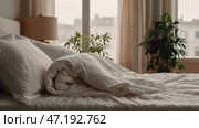 The interior of a modern house. A minimalistic cozy beige bedroom interior with a plaid, pillows, a headboard, linen linens and a bedside table. Стоковое AI-изображение, AI-художник Photojuli / Фотобанк Лори