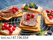 Вкусные крекеры с ягодами на цветном фоне, крупным планом. Стоковое фото, фотограф Pixel_shot / Фотобанк Лори