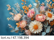 Detailed view of a vibrant bouquet of dried flowers with colorful accents. Детальный вид яркого букета из сухоцветов с разноцветными акцентами. Стоковое AI-изображение, AI-художник Katsiaryna Repich / Фотобанк Лори