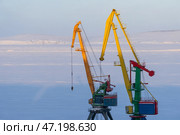 Грузовой морской порт в Арктике. Большие портовые краны на фоне льда и снега. Зимний индустриальный пейзаж. Промышленность и транспортная инфраструктура на Крайнем Севере. Анадырский морской порт, Чукотка, Россия. Стоковое фото, фотограф Андрей Степанов / Фотобанк Лори