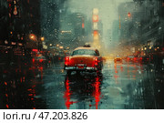 Atmospheric image of a city on a rainy night. In the foreground is a retro-style yellow taxi driving along a wet street, reflecting neon lights and street lamps. The background is blurred, with silhouettes of skyscrapers, illuminated advertisements and evening bustle. Raindrops on the glass give the picture a cinematic and slightly melancholic effect. The color scheme is represented by cool blue-green shades, diluted with warm red and yellow accents. Стоковое AI-изображение, AI-художник Анна Кривицкая / Фотобанк Лори