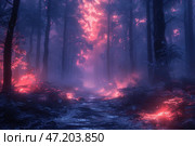 A fascinating and mystical image of a forest illuminated by a mysterious light. In the center of the composition there is a narrow path leading into the depths of the thicket, where a fantastic glow breaks through the trees. The color scheme is maintained in a combination of deep blue-violet shades with neon pink flashes, creating an effect of unreality and fairytale. Below, a soft light flickers, like fireflies or magical energy filling the space. The atmosphere resembles scenes from fantasy worlds or dreams, where nature is endowed with special, supernatural powers. Стоковое AI-изображение, AI-художник Анна Кривицкая / Фотобанк Лори