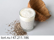 Вкусный пудинг с семенами чиа и кокосовой скорлупой на сером фоне. Стоковое фото, фотограф Pixel_shot / Фотобанк Лори