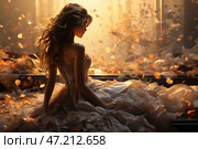 Romantic and fairy-tale atmosphere. In the center of the composition is a girl in a gorgeous, airy dress, sitting by the window in the rays of the sunset or sunrise. Her long wavy hair flutters in the light, and golden autumn leaves swirl around, creating the effect of a magical moment.The dress is made of delicate, iridescent fabrics, which emphasizes the sophistication and refinement of the scene. The light plays on her skin and the folds of the fabric, giving the picture softness and warmth. Around you can see antique interior details, creating a feeling of privacy and nostalgia.The color scheme is maintained in warm, golden and cream tones, which makes the image very atmospheric, like a frame from a romantic film or a fantasy story. Стоковое AI-изображение, AI-художник Анна Кривицкая / Фотобанк Лори