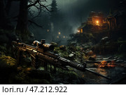 In the style of dark realism with elements of post-apocalyptic or tactical themes. In the center of the composition is a modern sniper rifle, abandoned in the forest among stones and moss. The weapon looks as if it was recently used or abandoned in a hurry.The background creates an atmosphere of tension and anxiety - around the overgrown wild forest, in which abandoned wooden houses with dim light in the windows are visible. The rain enhances the feeling of dampness, isolation and mystery. In the distance, dark silhouettes of houses can be guessed, hiding in the fog, creating the feeling of an abandoned settlement or a camp of survivors.The color palette is muted, with dark green, gray and brown tones, which emphasizes the gloomy and mystical atmosphere. The warm light of the windows contrasts with the cold surroundings, evoking a feeling of the unknown - is there danger lurking in these houses, or is this the last island of life in this harsh world? Стоковое AI-изображение, AI-художник Анна Кривицкая / Фотобанк Лори