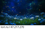 A magical summer night scene with shining fireflies dancing over a field of blooming daisies. Стоковое AI-изображение, AI-художник Ирина Ручушкина / Фотобанк Лори