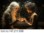 Two girls symbolizing the meeting of magic and technology. One of them has long white hair, wrapped in luminous threads, similar to star dust or energy. The other has dark hair, enclosed in a complex techno-cybernetic structure with thin wires that also emit light. They sit opposite each other, joining their palms, in which sparks of energy sparkle, as if they are exchanging knowledge or power.The contrast between the girls emphasizes the clash of the ancient and the futuristic: organic magic and high technology. Their expressions are focused, the atmosphere is permeated with mystery and deep symbolism. The luminous threads and wires create a network effect, hinting at a digital interconnection or a magical ritual. Стоковое AI-изображение, AI-художник Анна Кривицкая / Фотобанк Лори