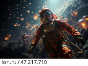 An astronaut in a massive orange spacesuit exploring an alien landscape. His helmet reflects a mysterious light, and around him float golden spherical formations resembling energy bubbles or unknown life forms. Several more astronauts are visible in the distance, connected by cables, emphasizing the difficulty and danger of the mission.The background consists of rocky alien terrain illuminated by a soft bluish light, creating a sense of mystery and unreality. The atmosphere of the scene is filled with a mixture of science fiction and mysticism, emphasizing the grandeur and unknown of space. Стоковое AI-изображение, AI-художник Анна Кривицкая / Фотобанк Лори