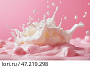 Creamy milk splash creates a visually striking effect against a pink backdrop in a playful setting of dessert preparation. Брызги сливочного молока создают визуально яркий эффект на розовом фоне в игривой обстановке приготовления десерта. Стоковое AI-изображение, AI-художник Katsiaryna Repich / Фотобанк Лори