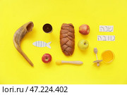 Композиция для празднования Рош ха-Шана (еврейский Новый год) на цветном фоне. Стоковое фото, фотограф Pixel_shot / Фотобанк Лори