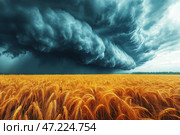 A golden wheat field stretching to the horizon, with thunderclouds looming overhead. The huge clouds with dark blue and turquoise hues look menacing, creating an atmosphere of an approaching storm. In the distance, a wall of rain is visible, hiding the horizon. The contrast between the bright yellow ears of wheat and the dark sky emphasizes the power of nature and its unpredictability. Стоковое AI-изображение, AI-художник Анна Кривицкая / Фотобанк Лори
