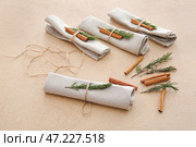 Салфетки с корицей и цветочным декором, подготовленные для сервировки стола на цветном фоне. Стоковое фото, фотограф Pixel_shot / Фотобанк Лори