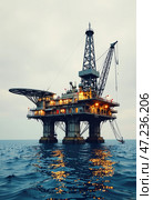 Буровая платформа для бурения скважин в море. Добыча нефти и газа на морском шельфе. Drilling platform for drilling wells in the sea. Oil and gas production on the sea shelf. Стоковое AI-изображение, AI-художник Гер Олег / Фотобанк Лори