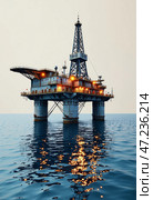 Буровая платформа для бурения скважин в море. Добыча нефти и газа на морском шельфе. Drilling platform for drilling wells in the sea. Oil and gas production on the sea shelf. Стоковое AI-изображение, AI-художник Гер Олег / Фотобанк Лори