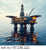 Буровая платформа для бурения скважин в море. Добыча нефти и газа на морском шельфе. Drilling platform for drilling wells in the sea. Oil and gas production on the sea shelf. Стоковое AI-изображение, AI-художник Гер Олег / Фотобанк Лори