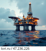 Буровая платформа для бурения скважин в море. Добыча нефти и газа на морском шельфе. Drilling platform for drilling wells in the sea. Oil and gas production on the sea shelf. Стоковое AI-изображение, AI-художник Гер Олег / Фотобанк Лори