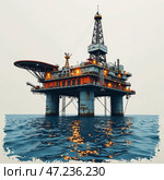 Буровая платформа для бурения скважин в море. Добыча нефти и газа на морском шельфе. Эскиз. Акварель. Drilling platform for drilling wells in the sea. Oil and gas production on the sea shelf. Sketch. Watercolor. Стоковое AI-изображение, AI-художник Гер Олег / Фотобанк Лори