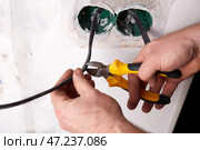 An electrician is using pliers to cut electrical wire while working on a residential repair project. Стоковое фото, фотограф Виктория Тельминова / Фотобанк Лори