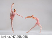 Duet of two ballerinas in pink costumes perform graceful poses against a white background. Стоковое фото, фотограф Мария Мороз / Фотобанк Лори