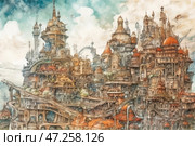 A fantasy city built in a complex architectural style that combines Gothic, steampunk and fantasy elements. The city consists of many bridges, towers, domes and balconies that connect with each other. The streets are intertwined in a complex, multi-level structure, creating a sense of a living, dynamic space. The houses are decorated with figured windows, wrought iron staircases, arches and details that add depth and mystery.The color palette includes warm shades of ocher, brown, gold and soft blue, which gives the image a fabulous and vintage effect. Birds and light clouds are visible in the sky, enhancing the atmosphere of the airy city.This could be a city of the future or an alternative universe, filled with magic, secrets and legends. Such a place is ideal for adventures, exploration and mystical stories. Стоковое AI-изображение, AI-художник Анна Кривицкая / Фотобанк Лори