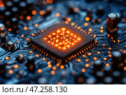 A microprocessor embedded in a printed circuit board, with glowing orange diodes. A close-up shows the complex electronic tracks and components, creating a futuristic, almost cybernetic look. The clarity of the details and the play of light on the metal contacts create the feeling of a high-tech, cutting-edge chip.The background is dark, but many small lights emphasize the technological nature of the scene. The image can be interpreted as a symbol of the digital age, artificial intelligence and modern computing power. Стоковое AI-изображение, AI-художник Анна Кривицкая / Фотобанк Лори