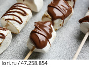 Шашлычки с вкусным зефиром на гриле в шоколаде на светлом фоне, крупным планом. Стоковое фото, фотограф Pixel_shot / Фотобанк Лори