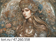 A beautiful woman with long blond hair, dressed in luxurious jewelry, made in the complex Art Nouveau style. She wears a richly decorated crown, inlaid with precious stones and decorated with flowers. Her gaze is mysterious and penetrating, and her delicate facial features emphasize the aristocracy of the image. The background and hair of the woman are intertwined with patterns, vines, flowers and metal elements, creating the effect of a harmonious fusion with nature. The color palette is maintained in soft golden, blue and cream tones, which gives the image sophistication and refinement. Стоковое AI-изображение, AI-художник Анна Кривицкая / Фотобанк Лори