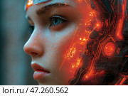 A girl with cybernetic elements on her face, made in the style of futurism. Her skin seems translucent or covered with a thin technological layer that shimmers with neon shades. The left side of her face is connected to a high-tech interface that glows with bright orange and red lights, creating the effect of a synthetic integration of man and machine. A deep look with blue eyes emphasizes her intelligence and, possibly, artificial intelligence. The atmosphere of the image conveys the combination of the human and digital world, as well as the high-tech aesthetics of the future. Стоковое AI-изображение, AI-художник Анна Кривицкая / Фотобанк Лори