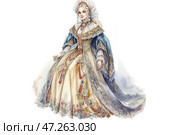 A woman in an exquisite historical dress reminiscent of the fashion of the 18th-19th centuries. Her dress is richly decorated with patterns, gold embroidery and floral motifs. The upper part of the dress includes lace cuffs, a fringed cape and puffy sleeves. The headdress is a traditional bonnet or kokoshnik, which gives the image elegance and grandeur. The color scheme is maintained in delicate pastel tones - cream, blue and gold. The atmosphere of the illustration conveys aristocracy, elegance and the spirit of an ancient era. Стоковое AI-изображение, AI-художник Анна Кривицкая / Фотобанк Лори