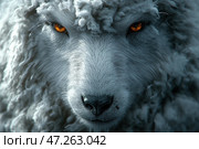 A close-up of the face of an unusual animal that combines the features of a sheep and a wolf. It has thick, curly fur, reminiscent of a sheep, but the look and structure of the face are more consistent with a predator. The eyes are a bright amber color, piercing and intense, creating an effect of mystery and power. The color scheme of the image is maintained in cool tones, emphasizing the mystery and unusualness of the creature. This image may be symbolic, illustrating the concept of a "wolf in sheep's clothing". Стоковое AI-изображение, AI-художник Анна Кривицкая / Фотобанк Лори