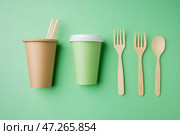 Eco Friendly Tableware on Green Background. Front View. Plastic free Set of Brown Paper Utensil. Street Food Recyclable Packaging. Zero waste Paperware. Mockup. Disposable Take out Cup, wooden cutlery. Стоковое AI-изображение, AI-художник Марина Демидюк / Фотобанк Лори