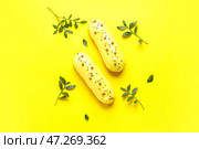 Вкусные глазированные эклеры и эвкалипт на желтом фоне. Стоковое фото, фотограф Pixel_shot / Фотобанк Лори