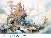 A fantastic fairytale scene. In the center rises a majestic castle with golden domes, built on top of a rocky cliff. Around it are unusual trees with delicate pink and golden crowns, as well as giant mushrooms, giving the scene a mystical tone. Below, at the foot of the castle, there is a curved bridge leading over a turquoise river, smooth as glass. On the bridge stands a graceful woman in traditional oriental clothing decorated with patterns, with long fluttering sleeves. She holds a vessel and looks thoughtful. Next to her, in a fantastic landscape, you can see strange animals reminiscent of fairytale spirits.The painting is made in an exquisite technique reminiscent of watercolor painting with light airy shades and soft iridescent colors, creating a sense of unreality. Стоковое AI-изображение, AI-художник Анна Кривицкая / Фотобанк Лори