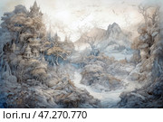 A fantastic landscape with majestic mountains, a winding river and dense trees, shrouded in a light mist. On a rocky cliff are exquisite oriental palaces with pagodas decorated with carved details. Mysterious peaks rise in the distance, and flocks of birds circle in the sky, creating an atmosphere of mystery. The color palette is made in cool tones, soft shades of gray, blue and beige predominate, which gives the scene a magical, almost ghostly look. Стоковое AI-изображение, AI-художник Анна Кривицкая / Фотобанк Лори