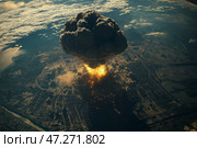 Apocalyptic View of Nuclear War from Space. Апокалиптический взгляд на ядерную войну из космоса. Стоковое AI-изображение, AI-художник Katsiaryna Repich / Фотобанк Лори