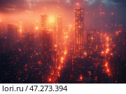 A futuristic metropolis shrouded in thick fog and permeated with an orange-red glow. Giant skyscrapers are dotted with glowing windows, creating the illusion of digital information flows, as if the city is a living data network. Glowing particles float in the air, giving the scene a cyberpunk and slightly mystical tone. Sunset or artificial lighting adds depth and drama to the atmosphere, making the landscape both beautiful and unsettling. Стоковое AI-изображение, AI-художник Анна Кривицкая / Фотобанк Лори