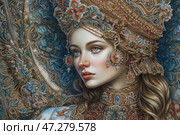 A woman in a luxurious dress, decorated with rich ornamentation and precious stones. She wears an intricate tiara, decorated with gold and colored stones, which gives her a majestic and refined appearance. Her face, expressing calm and dignity, is surrounded by gold jewelry, and her hair is styled in an elegant hairstyle. The clothes and jewelry are overflowing with details, which creates a sense of grandeur and luxury, and the ornaments around complement the historical and cultural context. Стоковое AI-изображение, AI-художник Анна Кривицкая / Фотобанк Лори