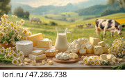 Натюрморт с молочными продуктами и ромашками на фоне пасущихся коров на летнем лугу. Стоковое AI-изображение, AI-художник Щеголева Ольга / Фотобанк Лори