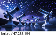Observatory filled with telescopes ready for stargazing at night with a starry sky backdrop. Стоковое AI-изображение, AI-художник Сергей Толмачёв / Фотобанк Лори