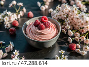 Fresh dairy products, cottage cheese with fresh raspberries in ceramic dishes. The concept of natural, dietary nutrition. Healthy foods. Стоковое AI-изображение, AI-художник Photojuli / Фотобанк Лори
