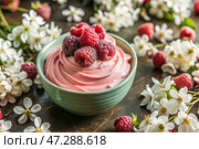 Fresh dairy products, cottage cheese with fresh raspberries in ceramic dishes. The concept of natural, dietary nutrition. Healthy foods. Стоковое AI-изображение, AI-художник Photojuli / Фотобанк Лори